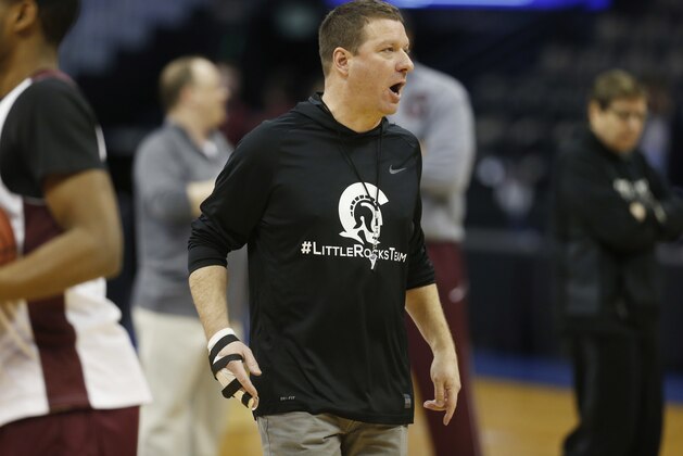 Arkansas-Little Rock head coach Chris Beard shouts during practice for a first-round men's college basketball game in the NCAA Tournament , March 16, 2016, in the NCAA Tournament in Denver. Arkansas-Little Rock faces Purdue on Thursday. (AP Photo/David Zalubowski)