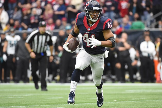 Houston Texans running back Jonathan Grimes (41) runs against the Jacksonville Jaguars during the first half of an NFL football game Sunday, Jan. 3, 2016, in Houston. (AP Photo/Eric Christian Smith)