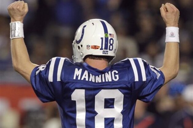 FILE - In this Feb. 7, 2010, file photo, Indianapolis Colts quarterback Peyton Manning celebrates after teammate Joseph Addai scored a touchdown during the second half of the NFL Super Bowl XLIV football game against the New Orleans Saints in Miami. A person with knowledge of the decision tells The Associated Press on Sunday, March 6, 2016, that Manning has informed the Denver Broncos he's going to retire. (AP Photo/Julie Jacobson, File)