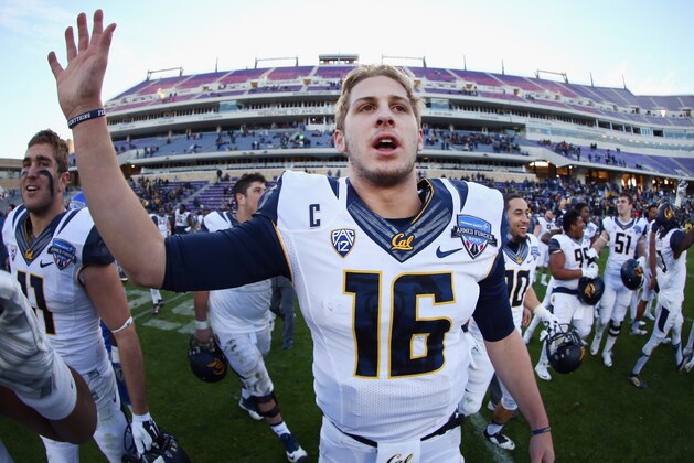 FORT WORTH, TX - DECEMBER 29:  Jared Goff #16 of the California Golden Bears celebrates after beating the Air Force Falcons 55-36 in the Lockheed Martin Armed Forces Bowl at Amon G. Carter Stadium on December 29, 2015 in Fort Worth, Texas.  (Photo by Tom Pennington/Getty Images)