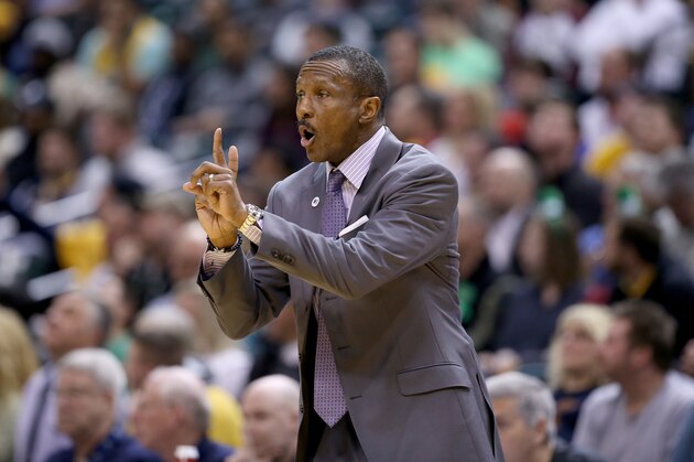 INDIANAPOLIS, IN - MARCH 17:  Dwane Casey the head coach of the Toronto Raptors gives instructions to his team against the Indiana Pacers during the game at Bankers Life Fieldhouse on March 17, 2016 in Indianapolis, Indiana. NOTE TO USER: User expressly acknowledges and agrees that, by downloading and or using this photograph, User is consenting to the terms and conditions of the Getty Images License Agreement.  (Photo by Andy Lyons/Getty Images)
