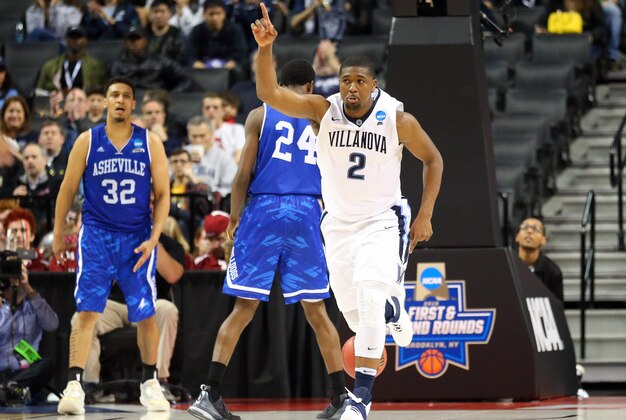 Mar 18, 2016; Brooklyn, NY, USA; Villanova Wildcats forward Kris Jenkins (2) reacts after a basket against the North Carolina-Asheville Bulldogs in the second half in the first round of the 2016 NCAA Tournament at Barclays Center. Mandatory Credit: Anthony Gruppuso-USA TODAY Sports