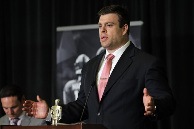 NFL Players Association President Eric Winston speaks during a news conference Thursday, Feb. 4, 2016, in San Francisco. (AP Photo/David J. Phillip)