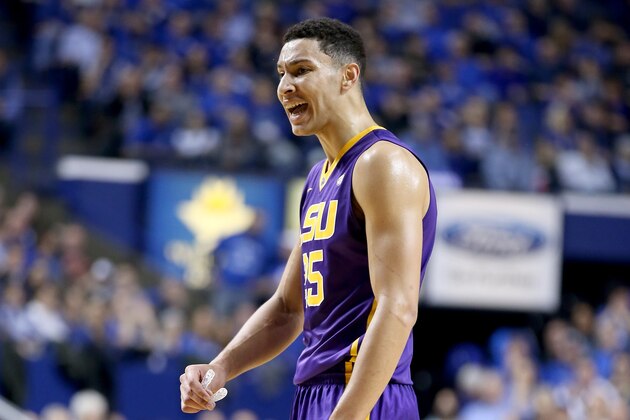 LEXINGTON, KY - MARCH 05:  Ben Simmons #25 of the LSU Tigers celebrates in the game against the Kentucky Wildcats at Rupp Arena on March 5, 2016 in Lexington, Kentucky.  (Photo by Andy Lyons/Getty Images)