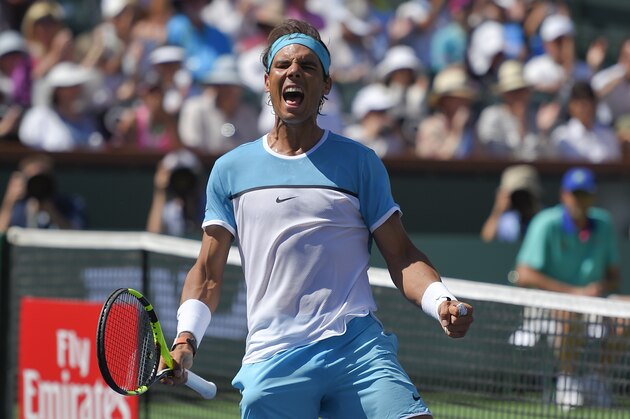 Rafael Nadal, of Spain, reacts after defeating Kei Nishikori, of Japan, in their quarterfinal match at the BNP Paribas Open tennis tournament, Friday, March 18, 2016, in Indian Wells, Calif. (AP Photo/Mark J. Terrill)