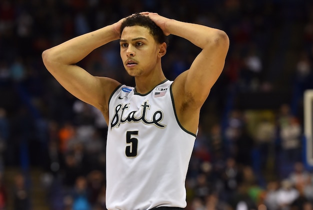 Mar 18, 2016; St. Louis, MO, USA; Michigan State Spartans guard Bryn Forbes (5) reacts after the game against the Middle Tennessee Blue Raiders in the first round in the 2016 NCAA Tournament at Scottrade Center. Middle Tennessee State won 90-81.  Mandatory Credit: Jasen Vinlove-USA TODAY Sports