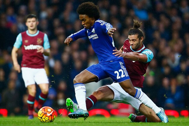 LONDON, ENGLAND - OCTOBER 24: Willian of Chelsea and Andy Carroll of West Ham United compete for the ball during the Barclays Premier League match between West Ham United and Chelsea at Boleyn Ground on October 24, 2015 in London, England. (Photo by Jordan Mansfield/Getty Images) LONDON, ENGLAND - OCTOBER 24: Willian of Chelsea and Andy Carroll of West Ham United compete for the ball during the Barclays Premier League match between West Ham United and Chelsea at Boleyn Ground on October 24, 2015 in London, England. (Photo by Jordan Mansfield/Getty Images)