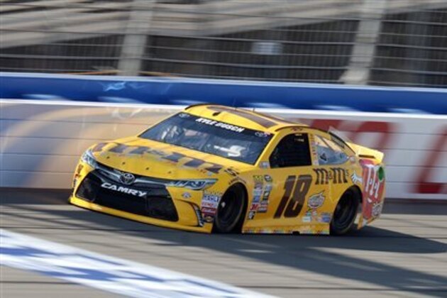 Kyle Busch crosses the front straightaway during the opening practice session Friday, March 18, 2016, for the NASCAR auto race at Auto Club Speedway in Fontana, Calif. (AP Photo/Will Lester)