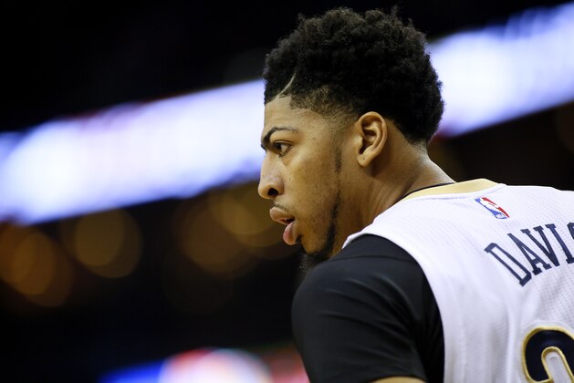 New Orleans Pelicans forward Anthony Davis (23) reacts during the first half of an NBA basketball game against the Oklahoma City Thunder Thursday, Feb. 25, 2016, in New Orleans. (AP Photo/Jonathan Bachman)