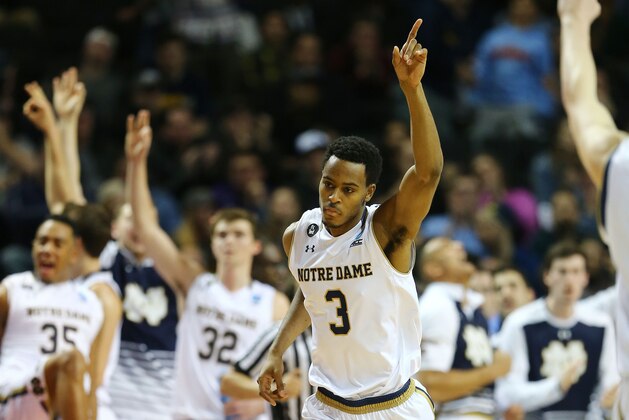 NEW YORK, NY - MARCH 18:  V.J. Beachem #3 of the Notre Dame Fighting Irish celebrates in the second half against the Michigan Wolverines during the first round of the 2016 NCAA Men's Basketball Tournament at Barclays Center on March 18, 2016 in the Brooklyn borough of New York City.  (Photo by Elsa/Getty Images)