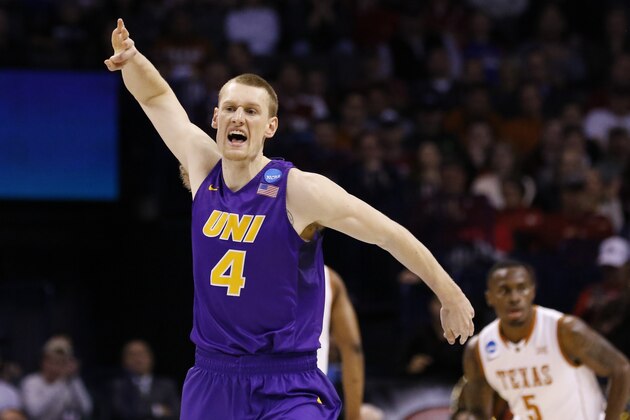 Northern Iowa guard Paul Jesperson (4) celebrates in the first half of a first-round men's college basketball game against Texas in the NCAA Tournament, Friday, March 18, 2016, in Oklahoma City. (AP Photo/Alonzo Adams)