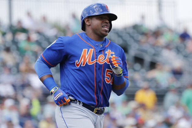 New York Mets' left fielder Yoenis Cespedes sticks out his tongue as he runs to first base throws during the fourth inning of an exhibition spring training baseball game against the Miami Marlins, Thursday, March 17, 2016, in Jupiter, Fla. (AP Photo/Brynn Anderson) New York Mets' left fielder Yoenis Cespedes sticks out his tongue as he runs to first base throws during the fourth inning of an exhibition spring training baseball game against the Miami Marlins, Thursday, March 17, 2016, in Jupiter, Fla. (AP Photo/Brynn Anderson)