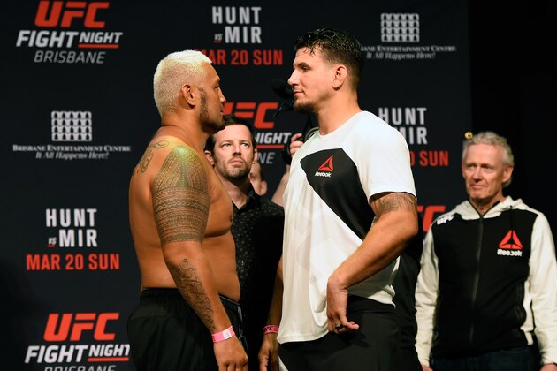 BRISBANE, AUSTRALIA - MARCH 19:   (L-R) Opponents Mark Hunt of New Zealand and Frank Mir face off during the UFC Fight Night weigh-in at the Brisbane Entertainment Centre on March 19, 2016 in Brisbane, Australia. (Photo by Josh Hedges/Zuffa LLC/Zuffa LLC via Getty Images)