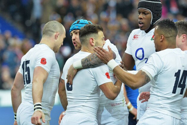 PARIS, FRANCE - MARCH 19:  Danny Care of England celebrates his try with team mates during the RBS Six Nations match between France and England at Stade de France on March 19, 2016 in Paris, France.  (Photo by Pascal Rondeau/Getty Images)