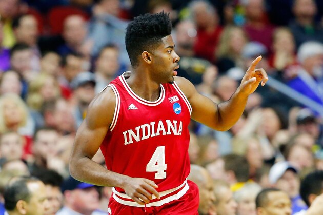 DES MOINES, IA - MARCH 19:  Robert Johnson #4 of the Indiana Hoosiers celebrates after shooting for three in the first half against the Kentucky Wildcats during the second round of the 2016 NCAA Men's Basketball Tournament at Wells Fargo Arena on March 19, 2016 in Des Moines, Iowa.  (Photo by Kevin C. Cox/Getty Images)