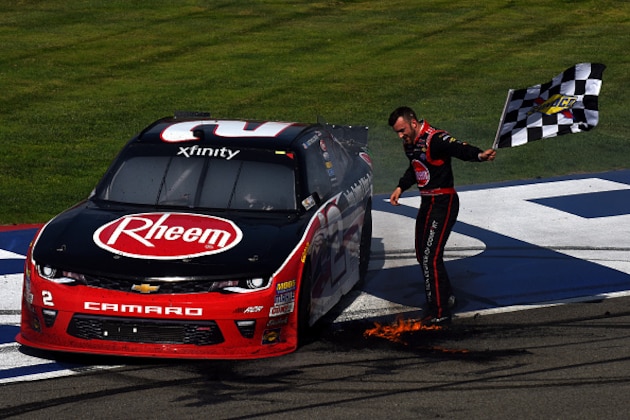 FONTANA, CA - MARCH 19:  Austin Dillon, driver of the #2 Rheem Chevrolet, celebrates after taking the checkered flag at the NASCAR Xfinity Series TreatMyClot.com 300 at Auto Club Speedway on March 19, 2016 in Fontana, California.  (Photo by Jonathan Moore/Getty Images)