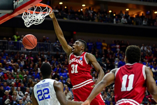 Mar 19, 2016; Des Moines, IA, USA; Indiana Hoosiers center Thomas Bryant (31) dunks the ball against Kentucky Wildcats forward Alex Poythress (22) in the second half during the second round of the 2016 NCAA Tournament at Wells Fargo Arena. Mandatory Credit: Jeffrey Becker-USA TODAY Sports