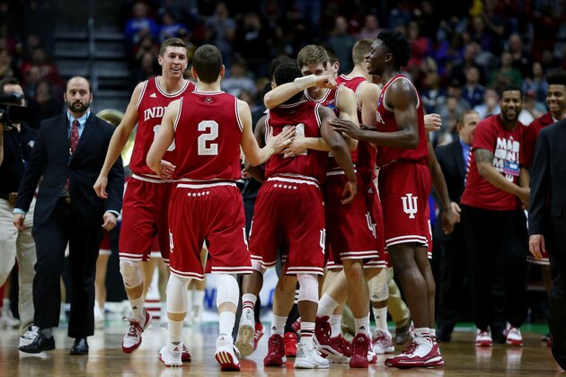 DES MOINES, IA - MARCH 19:  The Indiana Hoosiers celebrate defeating Kentucky Wildcats 73 to 67 during the second round of the 2016 NCAA Men's Basketball Tournament at Wells Fargo Arena on March 19, 2016 in Des Moines, Iowa.  (Photo by Jonathan Daniel/Getty Images)
