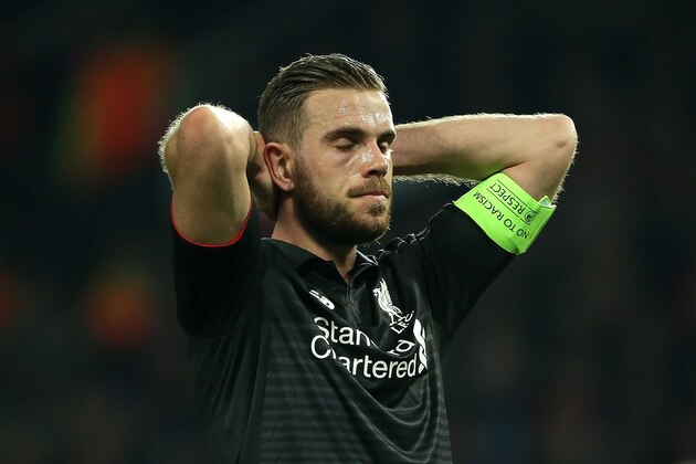 MANCHESTER, ENGLAND - MARCH 17:  Jordan Henderson of Liverpool reacts to a missed chance during the UEFA Europa League Round of 16 Second Leg match between Manchester United and Liverpool at Old Trafford on March 17, 2016 in Manchester, England.  (Photo by Matthew Ashton - AMA/Getty Images)