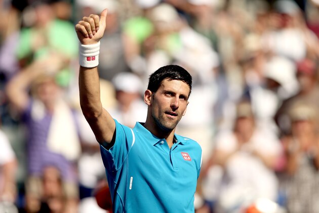 INDIAN WELLS, CA - MARCH 19:  Novak Djokovic of Serbia celebrates his win over Rafael Nadal of Spain during the semifinals of the  BNP Paribas Open at the Indian Wells Tennis Garden on March 19, 2016 in Indian Wells, California.  (Photo by Matthew Stockman/Getty Images)