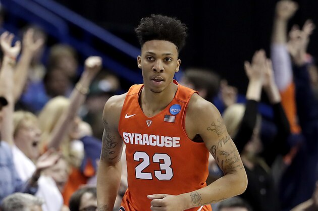 Syracuse's Malachi Richardson celebrates after making a basket during the second half of a first-round men's college basketball game against Dayton in the NCAA Tournament, Friday, March 18, 2016, in St. Louis. Syracuse won 70-51. (AP Photo/Charlie Riedel)