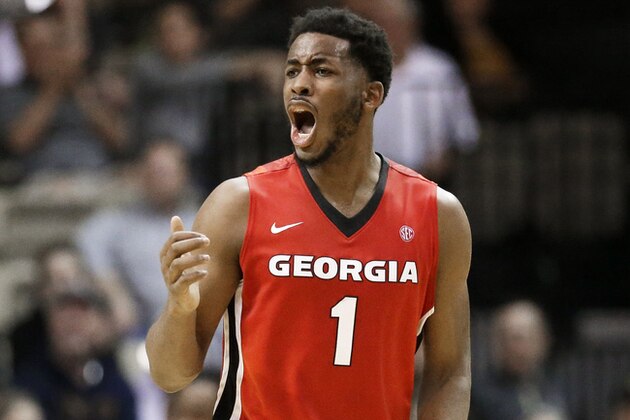 Georgia forward Yante Maten reacts to being called for a foul against Vanderbilt in the first half of an NCAA college basketball game Saturday, Feb. 20, 2016, in Nashville, Tenn. (AP Photo/Mark Humphrey)