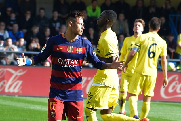 Barcelona's Brazilian forward Neymar celebrates a goal during the Spanish league football match Villarreal CF vs FC Barcelona at El Madrigal stadium in Vila-real on March 20, 2016. / AFP / JOSE JORDAN        (Photo credit should read JOSE JORDAN/AFP/Getty Images)
