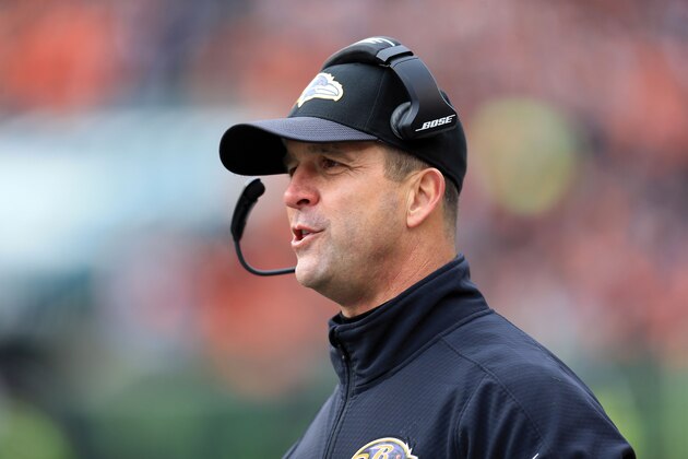 CINCINNATI, OH - JANUARY 3: Head coach John Harbaugh of the Baltimore Ravens on the sidelines during the second quarter against the Cincinnati Bengals at Paul Brown Stadium on January 3, 2016 in Cincinnati, Ohio. (Photo by Andrew Weber/Getty Images) CINCINNATI, OH - JANUARY 3: Head coach John Harbaugh of the Baltimore Ravens on the sidelines during the second quarter against the Cincinnati Bengals at Paul Brown Stadium on January 3, 2016 in Cincinnati, Ohio. (Photo by Andrew Weber/Getty Images)