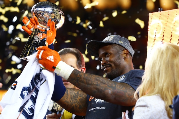 Feb 7, 2016; Santa Clara, CA, USA; Denver Broncos linebacker Von Miller (58) celebrates with the Vince Lombardi Trophy after defeating the Carolina Panthers in Super Bowl 50 at Levi's Stadium. Mandatory Credit: Mark J. Rebilas-USA TODAY Sports