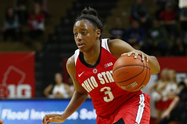 Ohio State guard Kelsey Mitchell (3) in action against Rutgers during the first half in an NCAA college basketball game in Piscataway, N.J., Sunday, Jan. 24, 2016. Ohio State defeated Rutgers 67-58. (AP Photo/Rich Schultz)