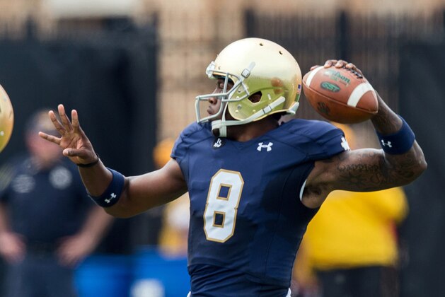 Apr 18, 2015; Notre Dame, IN, USA; Notre Dame Fighting Irish quarterback Malik Zaire (8) throws in the first quarter of the Blue-Gold Game at the LaBar Practice Complex. Mandatory Credit: Matt Cashore-USA TODAY Sports