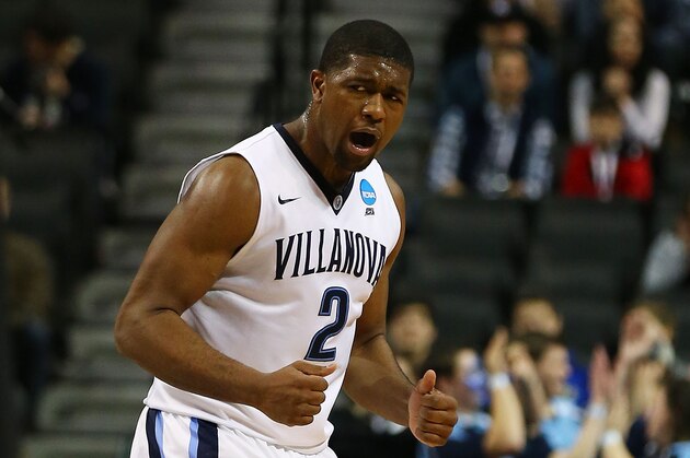 NEW YORK, NY - MARCH 20:  Kris Jenkins #2 of the Villanova Wildcats reacts in the first half against the Iowa Hawkeyes during the second round of the 2016 NCAA Men's Basketball Tournament at Barclays Center on March 20, 2016 in the Brooklyn borough of New York City.  (Photo by Elsa/Getty Images)