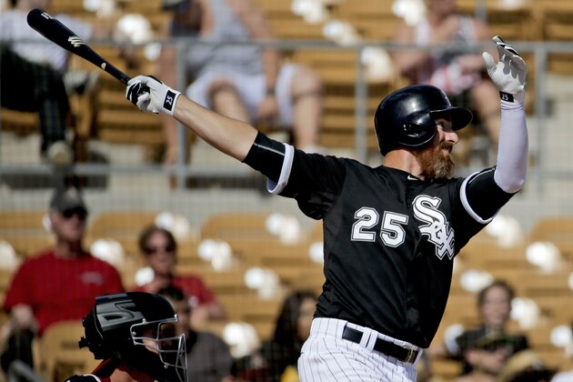 FILE - In this March 9, 2015, file photo, Chicago White Sox's Adam LaRoche bats against the Arizona Diamondbacks during a spring training baseball game in Glendale, Ariz. Fans will get their first up-close look at the revised White Sox when Chicago hosts the Minnesota Twins in Friday's, April 10, 2015,  home opener. (AP Photo/Chris Carlson, File)