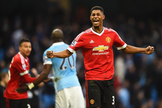 MANCHESTER, ENGLAND - MARCH 20:  Winning goalscorer Marcus Rashford of Manchester United celebrates victory after the Barclays Premier League match between Manchester City and Manchester United at Etihad Stadium on March 20, 2016 in Manchester, United Kingdom.  (Photo by Laurence Griffiths/Getty Images)