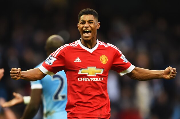 MANCHESTER, ENGLAND - MARCH 20:  Winning goalscorer Marcus Rashford of Manchester United celebrates victory after the Barclays Premier League match between Manchester City and Manchester United at Etihad Stadium on March 20, 2016 in Manchester, United Kingdom.  (Photo by Laurence Griffiths/Getty Images)