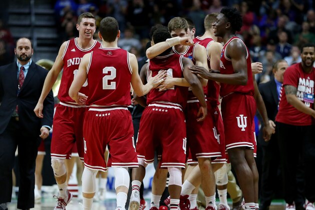 DES MOINES, IA - MARCH 19:  The Indiana Hoosiers celebrate defeating Kentucky Wildcats 73 to 67 during the second round of the 2016 NCAA Men's Basketball Tournament at Wells Fargo Arena on March 19, 2016 in Des Moines, Iowa.  (Photo by Jonathan Daniel/Getty Images)