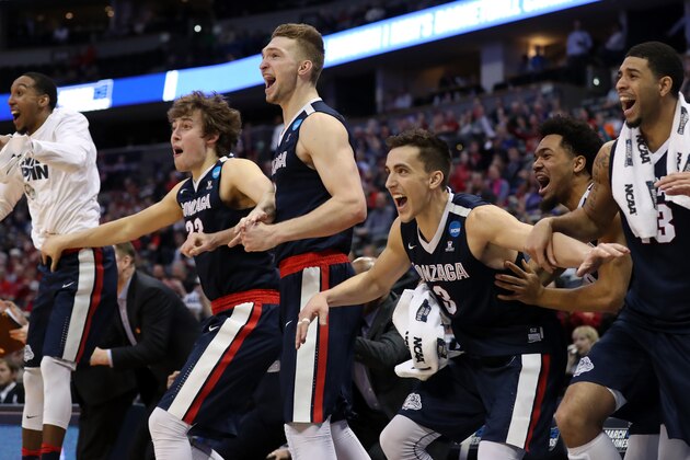 DENVER, CO - MARCH 19: Eric McClellan #23, Kyle Wiltjer #33, Domantas Sabonis #11, Kyle Dranginis #3, Silas Melson #0 and Josh Perkins #13 of the Gonzaga Bulldogs celebrate from the bench late in the second half against the Utah Utes during the second round of the 2016 NCAA Men's Basketball Tournament at the Pepsi Center on March 19, 2016 in Denver, Colorado. (Photo by Sean M. Haffey/Getty Images) DENVER, CO - MARCH 19: Eric McClellan #23, Kyle Wiltjer #33, Domantas Sabonis #11, Kyle Dranginis #3, Silas Melson #0 and Josh Perkins #13 of the Gonzaga Bulldogs celebrate from the bench late in the second half against the Utah Utes during the second round of the 2016 NCAA Men's Basketball Tournament at the Pepsi Center on March 19, 2016 in Denver, Colorado. (Photo by Sean M. Haffey/Getty Images)