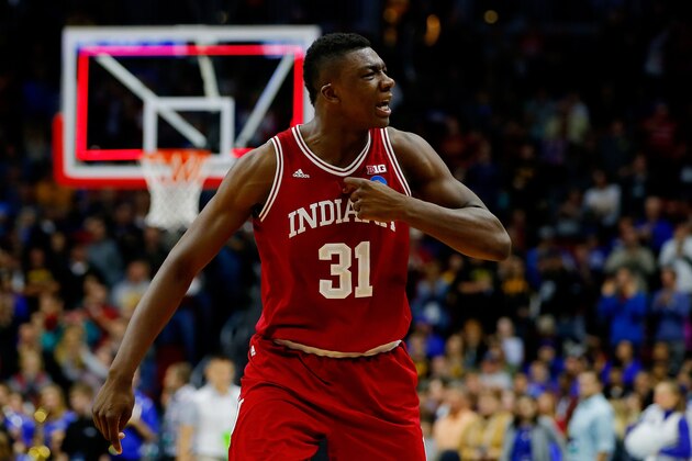 DES MOINES, IA - MARCH 19:  Thomas Bryant #31 of the Indiana Hoosiers celebrates defeating Kentucky Wildcats 73 to 67 during the second round of the 2016 NCAA Men's Basketball Tournament at Wells Fargo Arena on March 19, 2016 in Des Moines, Iowa.  (Photo by Kevin C. Cox/Getty Images)