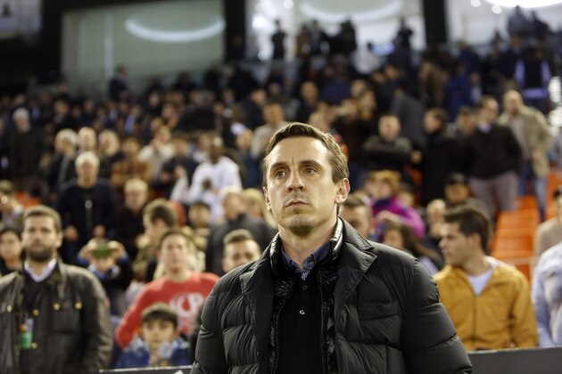 Valencia's head coach Gary Neville gestures before a semifinal, second leg, Copa del Rey soccer match between Valencia and Barcelona, at the Mestalla stadium in Valencia, Spain, Wednesday Feb. 10, 2016. (AP Photo/Alberto Saiz)