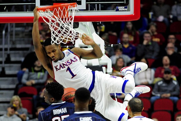Mar 19, 2016; Des Moines, IA, USA; xxxxxxx during the second round of the 2016 Kansas Jayhawks guard Wayne Selden Jr. (1) dunks the ball in the second half against the Connecticut Huskies Tournament at Wells Fargo Arena. Mandatory Credit: Jeffrey Becker-USA TODAY Sports