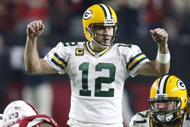 Green Bay Packers quarterback Aaron Rodgers (12) during an NFL divisional playoff football game against the Arizona Cardinals, Saturday, Jan. 16, 2016, in Glendale, Ariz. (AP Photo/Rick Scuteri)