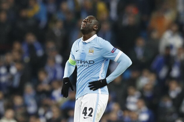 Manchester City's Yaya Toure grimaces as he looks up following a tackle during the Champions League round of 16 second leg soccer match between Manchester City and Dynamo Kiev at the Etihad Stadium, Manchester, England, Tuesday, March. 15, 2016. (AP Photo/Jon Super)