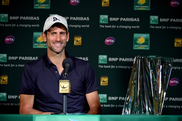 INDIAN WELLS, CA - MARCH 20:  Novak Djokovic of Serbia speaks to media in a press conference after beating Milos Raonic of Canada in the ATP Singles Final during day fourteen of the 2016 BNP Parisbas Open at Indian Wells Tennis Garden on March 20, 2016 in Indian Wells, California.  (Photo by Harry How/Getty Images)