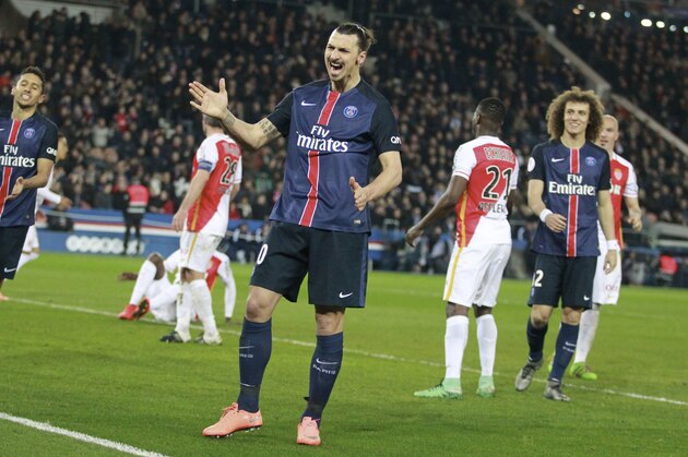 PARIS, FRANCE - MARCH 20:  Zlatan Ibrahimovic of Paris Saint-Germain is dispointed during the French Ligue 1 match between Paris Saint-Germain and AS Monaco at Parc des Princes on march 20, 2016 in Paris, France.  (Photo by Xavier Laine/Getty Images)