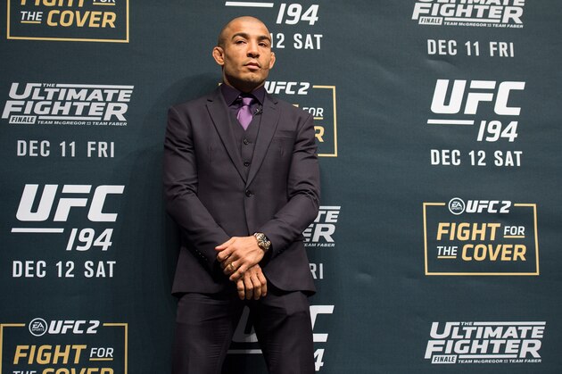 LAS VEGAS, NV - DECEMBER 09:  UFC featherweight champion Jose Aldo prepares to face off against UFC interim featherweight champion Conor McGregor of Ireland during the UFC Press Conference inside MGM Grand Garden Arena on December 9, 2015 in Las Vegas, Nevada.  (Photo by Brandon Magnus/Zuffa LLC/Zuffa LLC via Getty Images)