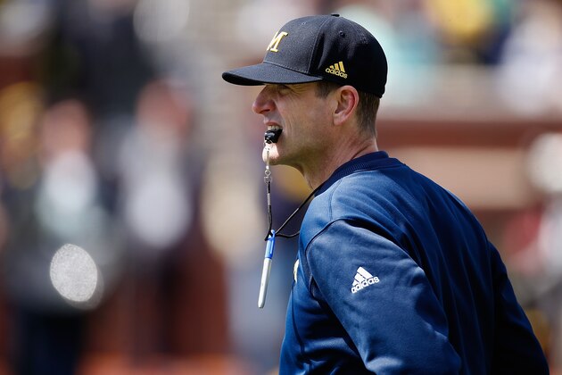 ANN ARBOR, MI - APRIL 04: Head coach Jim Harbaugh of the Michigan Wolverines looks on during the Michigan Football Spring Game on April 4, 2015 at Michigan Stadium in Ann Arbor, Michigan.  (Photo by Gregory Shamus/Getty Images)