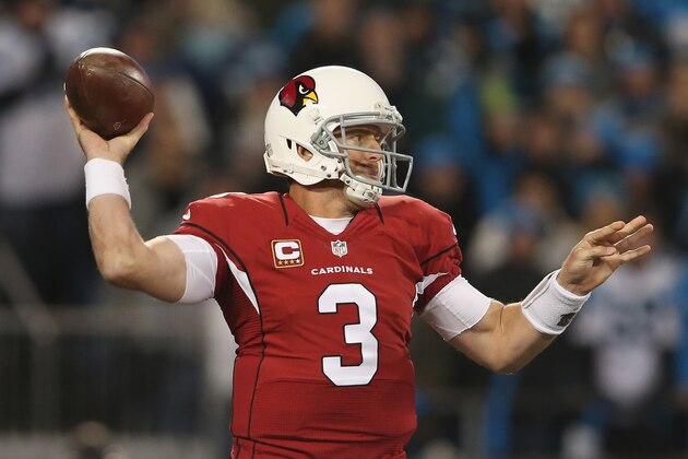 CHARLOTTE, NC - JANUARY 24:  Carson Palmer #3 of the Arizona Cardinals throws a pass in the first half against the Carolina Panthers during the NFC Championship Game at Bank of America Stadium on January 24, 2016 in Charlotte, North Carolina.  (Photo by Streeter Lecka/Getty Images)