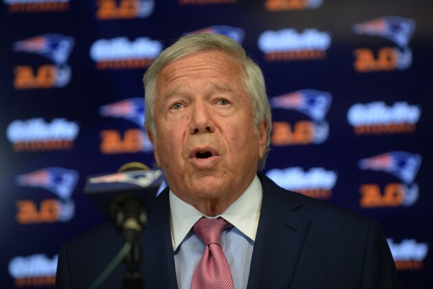 FOXBOROUGH, MA - JULY 29: New England Patriots owner Robert Kraft speaks at a press conference at Gillette Stadium July 29, 2015 in Foxborough, Massachusetts. Kraft addressed NFL Commissioner Roger Goodell's decision to uphold a four game suspension for quarterback Tom Brady for his role in using underinflated balls in the AFC Championship game in 2014. (Photo by Darren McCollester/Getty Images)