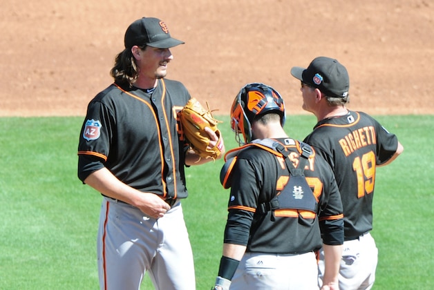 Mar 16, 2016; Peoria, AZ, USA; San Francisco Giants starting pitcher Jeff Samardzija (29) talks with pitching coach Dave Righetti (19) and catcher Buster Posey (28) during the fourth inning against the Seattle Mariners at Peoria Sports Complex. Mandatory Credit: Matt Kartozian-USA TODAY Sports