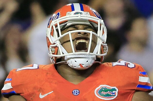 GAINESVILLE, FL - SEPTEMBER 12:  Caleb Brantley #57 of the Florida Gators celebrates a defensive stop during the game against the East Carolina Pirates at Ben Hill Griffin Stadium on September 12, 2015 in Gainesville, Florida.  (Photo by Sam Greenwood/Getty Images)